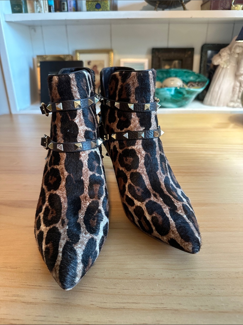 Valentino Garavani Leopard-Print Pointed Ankle Boots with Studded Straps